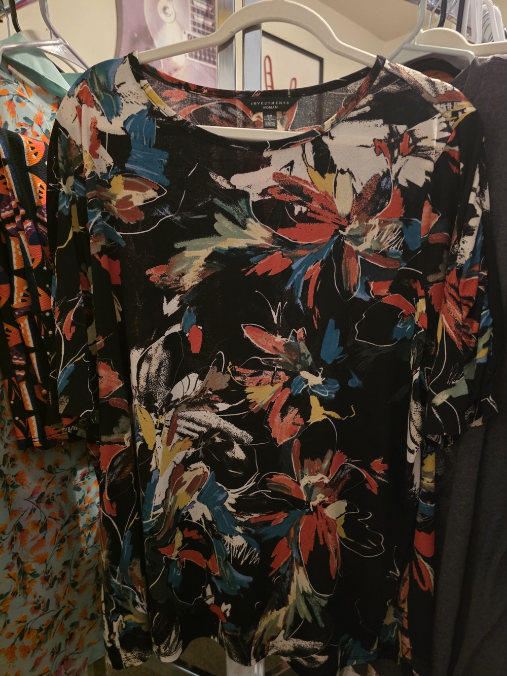 Investments Black Long Sleeve Floral Scoop Neck Top with Multicolor Blossoms